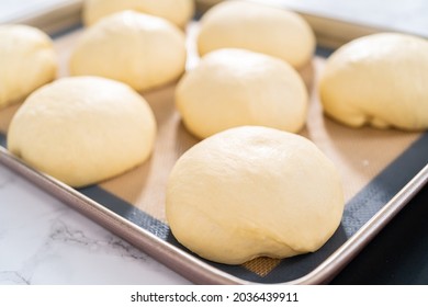 Rising brioche dough on a baking sheet with a silicone mat.