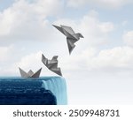 Rising To The Challenge metaphor as a business success concept  with a paper boat transforming into a symbol of success to escape an obstacle or adapt and change to avoid a crisis