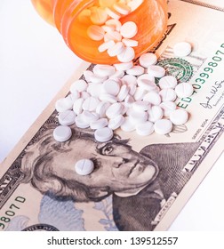 Rising Cost Of Health Care With Spilled Medicine. Drug Abuse. Addiction.