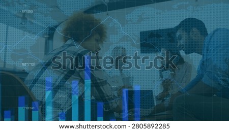 Rising data overlays appearing, causing four colleagues leaning in, exchanging papers for review. Collaboration, teamwork, discussion, charts, graphs, visualization, openplan