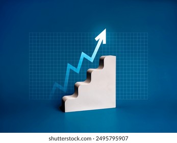 Rising glow arrows on white stairway as business chart steps on grid, blue background. Business economic and marketing growth graph process, higher goal, success, profit, financial investment concept.