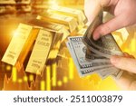 Rising gold prices. Money in hands of man. Gold bars with growing charts. Increase in cost of precious metals. Man buys 999-carat gold. Investments in golden securities. Buying aurum ETF