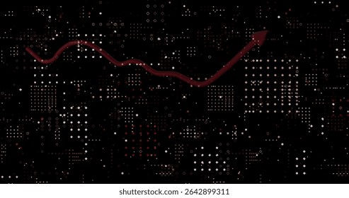 Rising maroon-red wavy arrow line traversing abstract digital background, with pixel dot clusters. Geometric, modern, minimalistic, technology, innovation, progress, data visualization