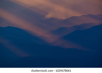 The Rising Sun, Sky Cloud Sunrise Abstract With Mountain, Background And Fog