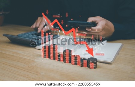 Risk Collapse, finance, economy, businessman showing financial graph declines due to global recession, stock crisis, inflation, lower export earnings world war,reduction of capital production, GDP