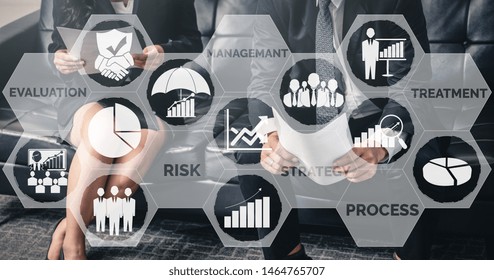 Risk Management And Assessment For Business Investment Concept. Modern Graphic Interface Showing Symbols Of Strategy In Risky Plan Analysis To Control Unpredictable Loss And Build Financial Safety.