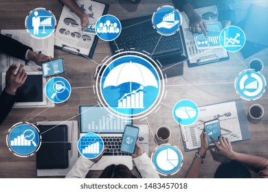 Risk Management And Assessment For Business Investment Concept. Modern Graphic Interface Showing Symbols Of Strategy In Risky Plan Analysis To Control Unpredictable Loss And Build Financial Safety.