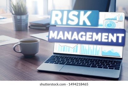 Risk Management And Assessment For Business Investment Concept. Modern Graphic Interface Showing Symbols Of Strategy In Risky Plan Analysis To Control Unpredictable Loss And Build Financial Safety.