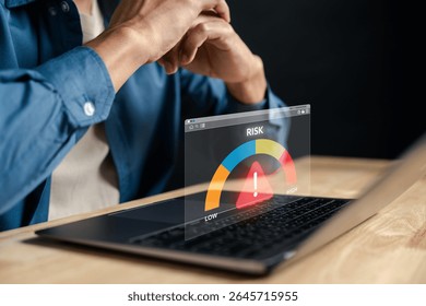 Risk management control system showing high-risk alert level with gauge and warning on screen. Ideal for cybersecurity, business monitoring, financial risk, and system alert content.