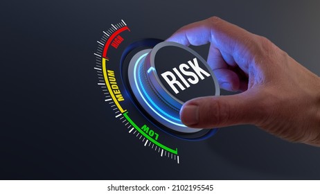 Risk management and mitigation to reduce exposure for financial investment, projects, engineering, businesses. Concept with manager's hand turning knob to low level. Reduction strategy.