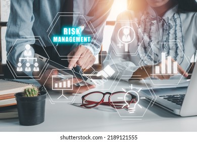 Risk Management Strategy Plan Finance Investment Internet Business Technology Concept, Business Team Analyzing Income Charts And Graphs With Icons Risk Management On VR Screen.