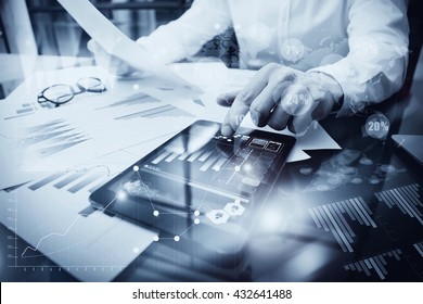 Risk Management Work process.Picture Trader working Market Report Document Touching Screen Tablet.Using Worldwide Graphic Icons,Stock Exchange Reports.Business Project Startup.Horizontal,Black white - Shutterstock ID 432641488