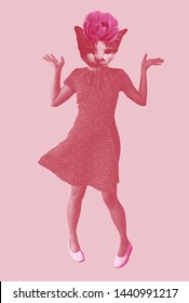 Risograph Technique On Collage Of Woman In Polka Dot Dress With Cat Head And Rose Flower In Happy Moment On Pink Background