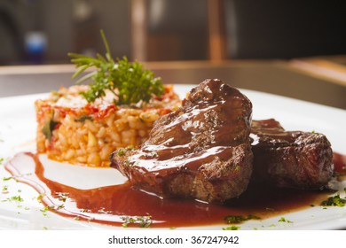 Risotto With Fillet Mignon Steak  With Wine Sauce