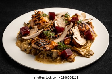 risotto with grilled duck, mushrooms, onion and beet cubes