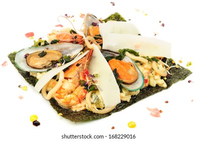 Risotto With Seafood, Mediterranean And Japanese Cuisine Fusion