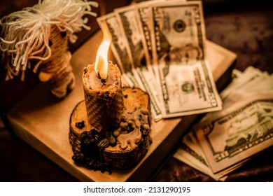 Ritual and spell for attracting money, pagan magic and fate prediction, work of witch, occultism concept