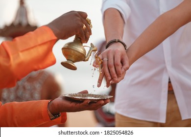 The Ritual Watering Connectedness Fingers Newlyweds. Wedding In Sri Lanka