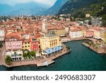 Riva del Garda aerial panoramic view. Riva is a town at the northern tip of the Lake Garda in the Trentino Alto Adige region in Italy.