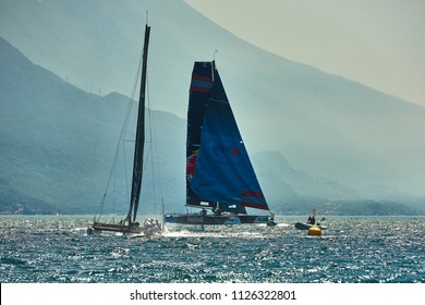 Riva del Garda,Lago di Garda ,Italy - 25 May 2018:Catamaran competes during  for the first GC32 World Championship out of Riva del Garda, Italy.The speed races of the sailing GC 3