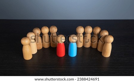 Rivalry between two teams. Resolving disputes and conflicts. Political debate. Find consensus. Candidate for leadership competition.