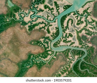 River With All Its Branches In The North Of Australia. Satellite View. Nature And Aerial View. Global Warming And Climate Change. Element Of This Image Is Furnished By Nasa