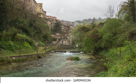 The River Aniene With Canoe Slalom Poles In Subiaco, Italy.