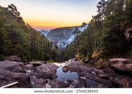 River between mountains with mist at sunset in a beautiful valley and forest in the Sierra Madre Occidental in Mexiquillo, Durango 