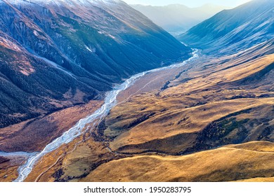 The river between the mountains view from the drone