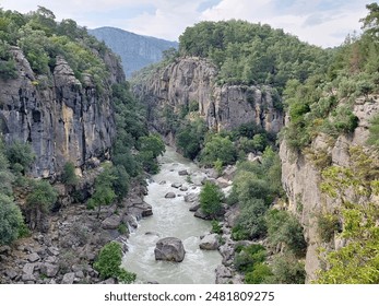 River between rocks upper view