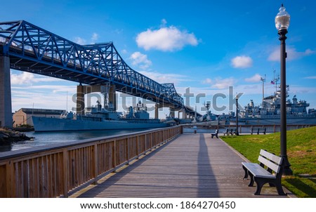 River Boardwalk with View of Braga Bridge at Heritage State Park in Fall River, Massachusetts