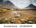 River Coupall in Glen Coe / The white hut of Lagangarbh is used by mountaineers in Glen Coe originally a crofting home sited north of Buachaille Etive Mor