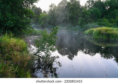 The River Is Covered With Morning Fog At Sunrise, Surrounded By A Dense Green Forest. Wild Nature. Summer Landscape. Active Weekend Vacations Wild Nature Outdoor.