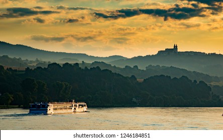 A River Cruise Boat On The Danube River In The Melk District, Lower Austria Near Sausenstein