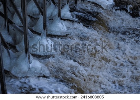 river dam, frozen ice, waterfall