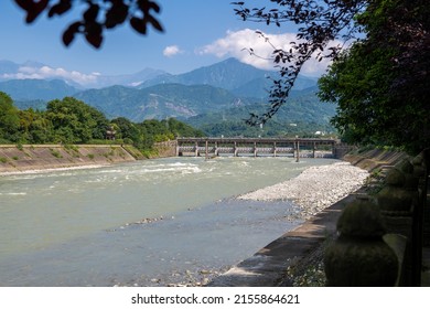 River dam at the mountain river rapids of Dujiangyan Irrigation System, Dujiangyan, Sichuan, China 