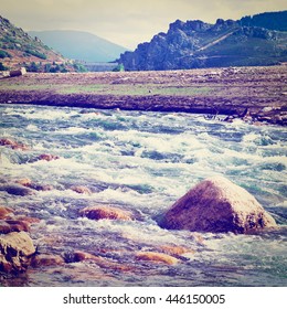 River and Dam on the Bottom of Canyon in the Cantabrian Mountains, Instagram Effect