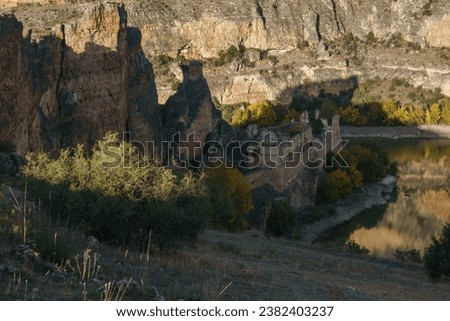River Duraton with convent of Our Lady of the Angels de la Hoz during autumn time in Hoces del Duraton natural park near Sepulveda, Segovia, Spain Foto stock © 