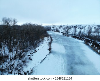 The river in early spring, when the ice has not yet broken. Aerial view.