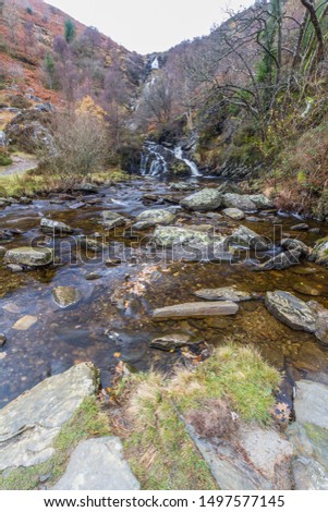 River Eiddew with Rhiwargor waterfall in the distance. Lake Vyrynwy, Powys, Wales UK, portrait