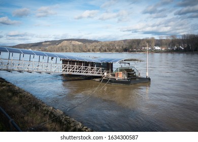 River Energy Isle With Two Watermills And Solar Panels To Produce Green Electricity From River Rhein In Bad Godesberg