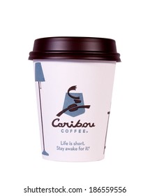 RIVER FALLS,WISCONSIN-APRIL 10, 2014: A Cup Of Caribou Premium Coffee. Caribou Coffee Company Is Headquartered In Brooklyn Center,Minnesota.