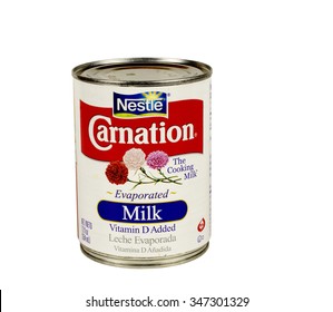 RIVER FALLS,WISCONSIN-DECEMBER 04,2015: A Can Of Carnation Brand Evaporated Milk. Carnation Is A Product Of Nestle.