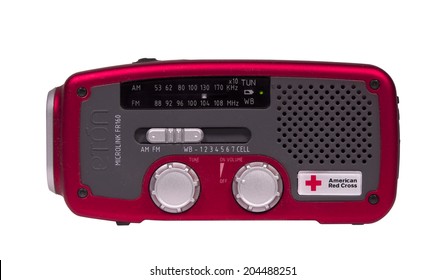 RIVER FALLS,WISCONSIN-JULY 12,2014: An American Red Cross Emergency Weather Radio. This Device Operates On Batteries,solar,or Crank.