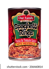 RIVER FALLS,WISCONSIN-JULY 21,2014: A Can Of Our Family Spaghetti Rings With Meatballs. This Product Is Distributed By Nash Finch Company Of Minneapolis,Minnesota.