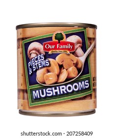 RIVER FALLS,WISCONSIN-JULY 25,2014: A Can Of Our Family Brand Mushroom Stems And Pieces. Our Family Is A House Brand Of Nash Finch Company.