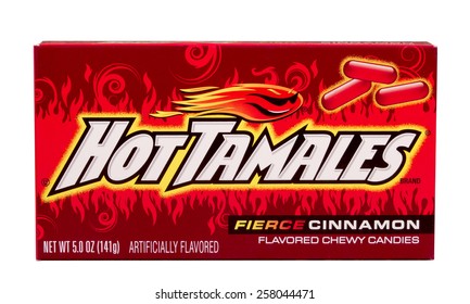 RIVER FALLS,WISCONSIN-MARCH 04,2015: A box of Hot Tamales Cinnamon flavored candies. This candy is a product of Just Born Incorporated.
