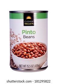 RIVER FALLS,WISCONSIN-MARCH 12, 2014: A Can Of Clover Valley Pinto Beans. Pinto Beans Are Most Commonly Used In Many Mexican Recipes.