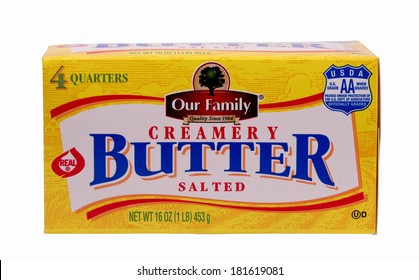 RIVER FALLS,WISCONSIN-MARCH 14, 2014: A Carton Of Our Family Salted Butter. Our Family Brand Is Owned By Nash Finch Company Of Edina,Minnesota