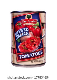 RIVER FALLS,WISCONSIN-MARCH 3 ,2014: A Can Of Our Family Stewed Tomatoes. Our Family Brand Is Distributed By Nash Finch Company Of Edina,Minnesota.